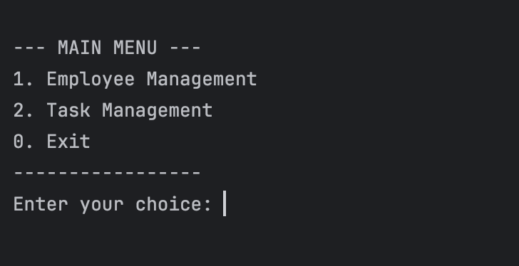 Employee Task Manager main menu